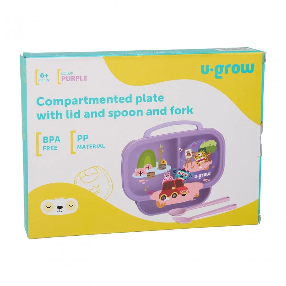 Farfurie compartimentata cu capac si lingurita si furculita, mov, U-Grow — miniatură