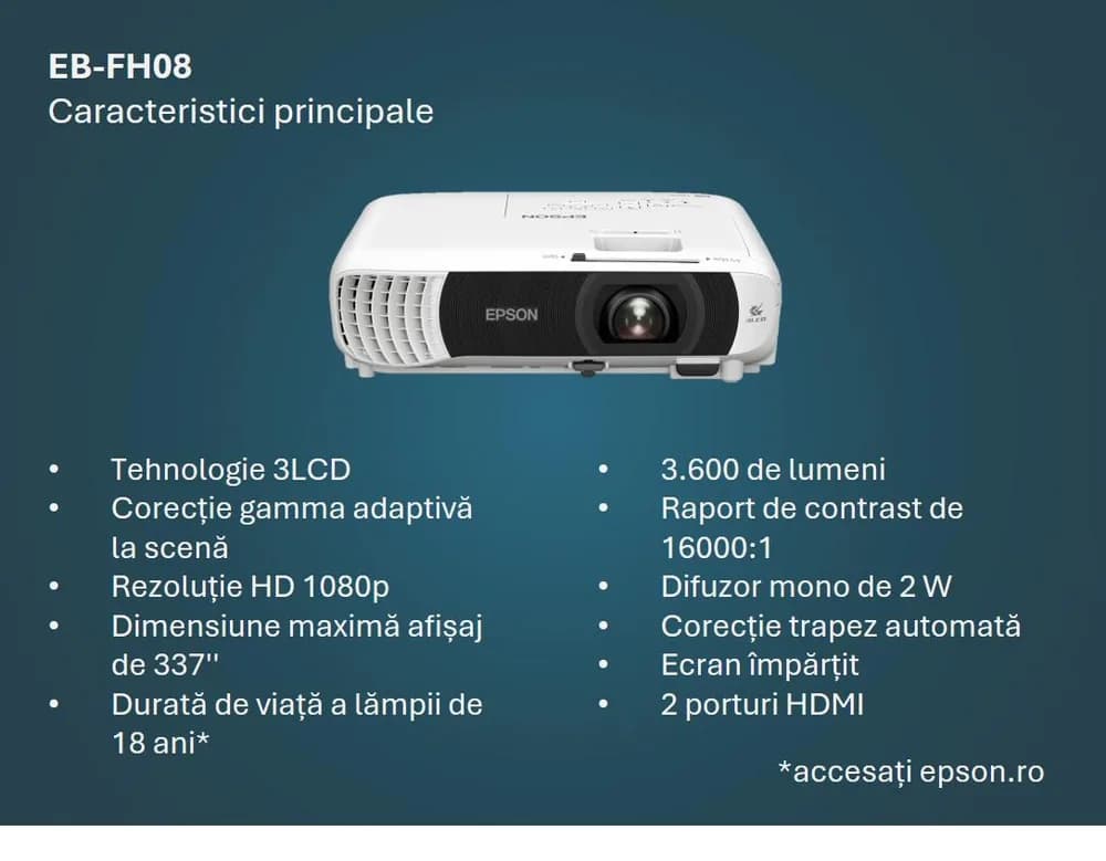 PROJECTOR EPSON EB-FH08, Tehnologie 3LCD, Luminozitate; 3600 Lumeni, Rezolutie: FullHD 1080p, Aspect 16:9, Sursa lumina: Lampa, Durata de viata lampa: 6.000h, 12.000h eco mode, Contrast: 16.000:1, Refresh rate: 192 Hz - 240 Hz, Interfata; USB 2.0 Type B (Service Only), HDMI in (2x), Jack plug out — miniatură
