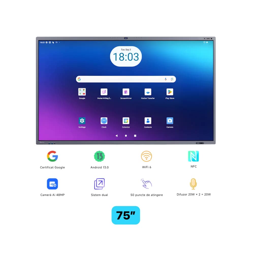 Ecran interactiv HORION 75M6APro, 75 inch, 8GB DDR4 + 128GB Standard, Android 13, A31D2, octa core A "HO-75M6APRO"