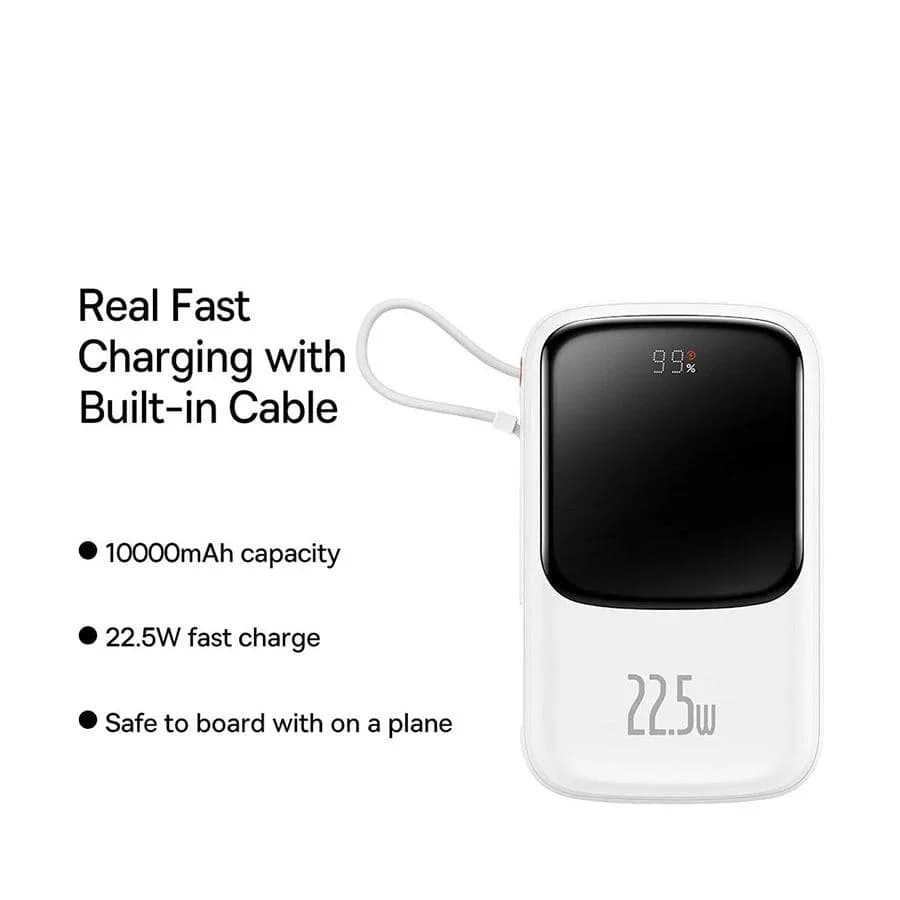 POWER BANK Baseus Qpow Pro Digital Display, 10000mAh, 22.5W, 1 x cablu integrat USB Type-C output/input, 1 x USB, 1 x Lightning, alb "PPQD060102" - 6932172620592 — miniatură