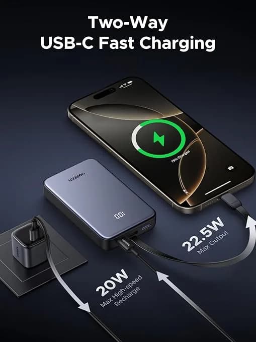 POWER BANK Ugreen "PB505", 20000mAh, 20W, 1 x USB Type-C input/output, cablu USB Type-C integrat, gri "45762" — miniatură