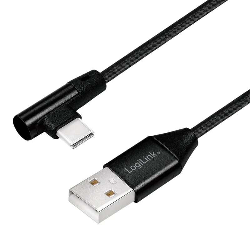 CABLU alimentare si date LOGILINK, pt. smartphone, USB 2.0 (T) la USB 2.0 Type-C (T) la 90 grade, 0.3m, premium, cablu cu impletire din bumbac, negru, "CU0137"