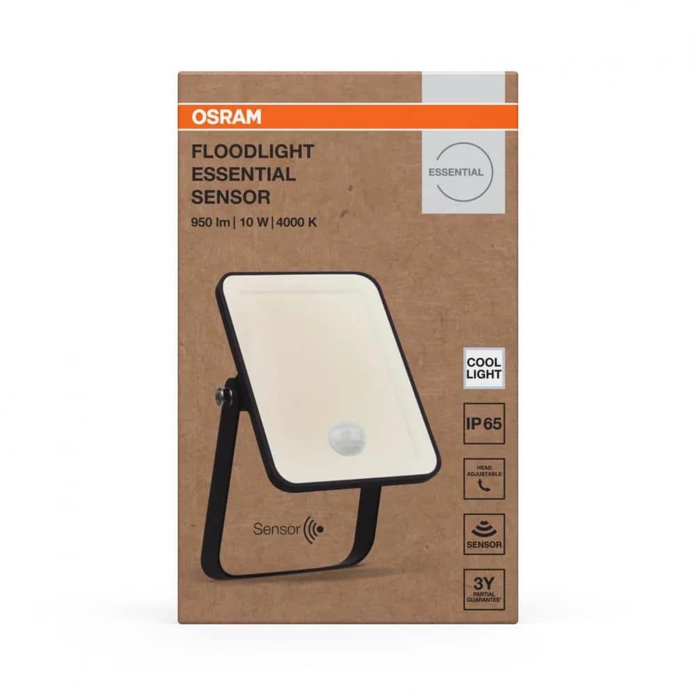 Proiector LED cu senzor de miscare si lumina OSRAM FLOODLIGHT ESSENTIAL, 10W, 220-240V, 900 lm, lumina neutra(4000K), IP65,13.2x3.3x8.3cm, aluminiu, Negru