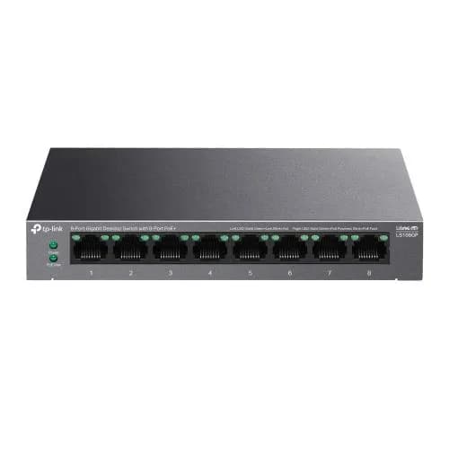 TP-LINK 5-PORT GIGABIT SWITCH LS108GP, interfata 8× 10/100/1000Mbps RJ45 Ports (Ports 1–8 supports 802.3af/at PoE+), AUTO Negotiation, AUTO MDI/MDIX, porturi Standard: 802.3 af/at compliant, PoE Ports: Ports 1–8, pana la 30 W PoE output per port, PoE Budget: 62 W, dimensiuni 6.2× 3.9×1.0 in