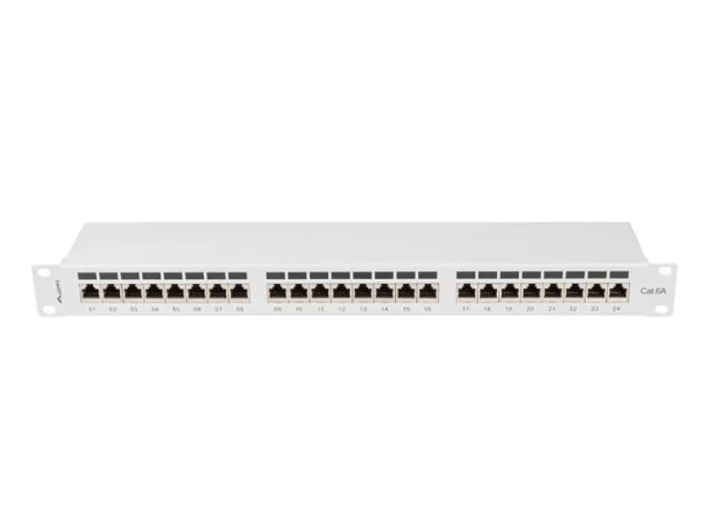 Patch panel 24 porturi 1U 19" Cat.6A FTP cu organizator cabluri, ecranat, gri
