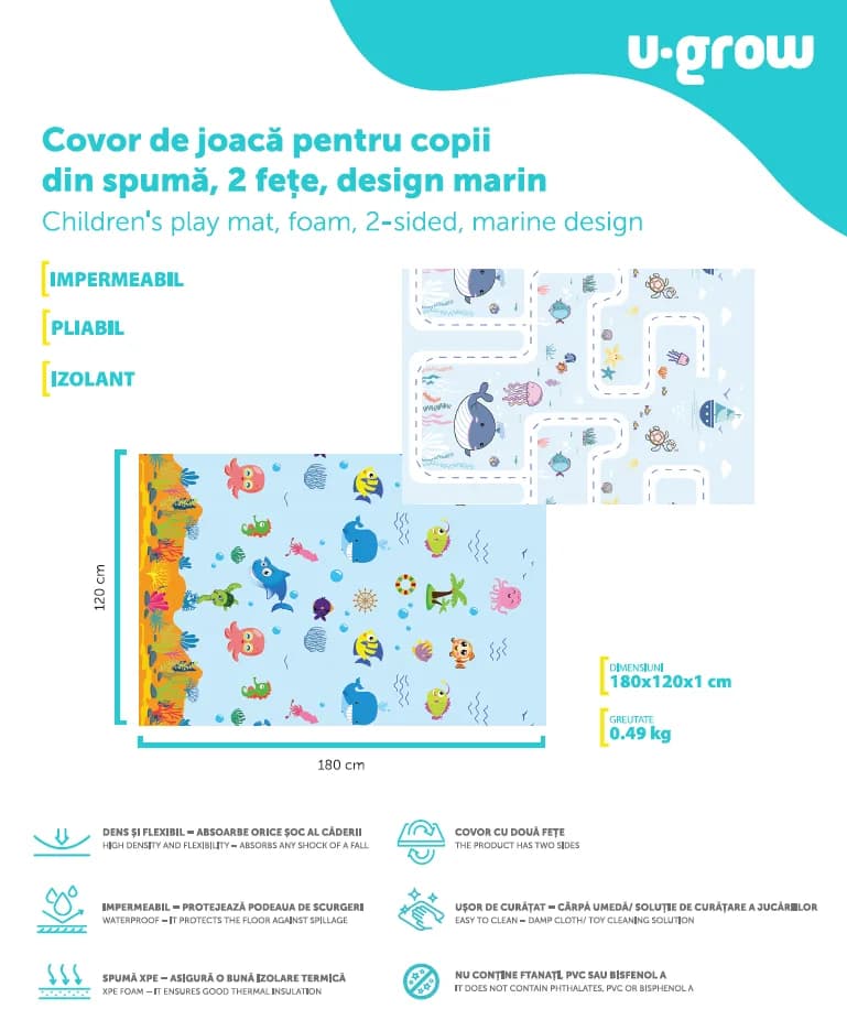 Covor de joaca pentru copii U-Grow, din spuma, pliabil, 2 fete, impermeabil, izolant, 180 x 120 x 1 cm, design marin — miniatură