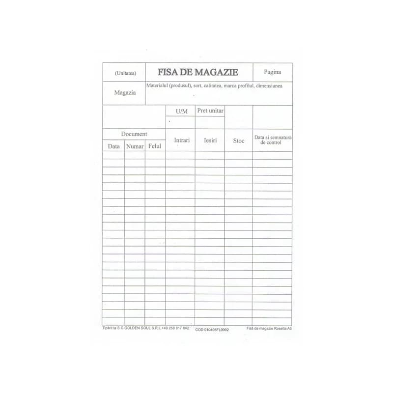 Fisa de magazie A5, carton velin, 100/bloc