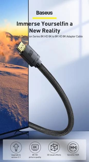 CABLU video Baseus High Definition, HDMI (T) la HDMI (T), versiunea 2.1, rezolutie maxima 8K UHD (7680 x 4320) la 60 Hz, conectori auriti, 2m, negru "CAKGQ-K01" - 6953156204164 — miniatură