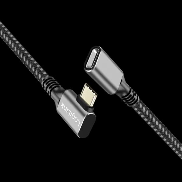CABLU alimentare si date LOGILINK, pt. smartphone, USB 3.2, USB Gen Type-C (T) la USB Type-C (M) la 90 grade, 1m, PD 100W, 2 x ecranat, aluminiu, braiding, negru&gri, "CUA0111" — miniatură