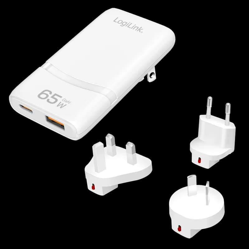 ALIMENTATOR retea 220V LOGILINK, universal, 1 x USB-C, 1 x USB-A, maxim 20V/3.25A, GaN 65W, tip travel: adaptor EU/UK/AU, suport OCP/OVP/OHP/SCP, compatibil EU/AUS/US/UK, alb, "PA0376"