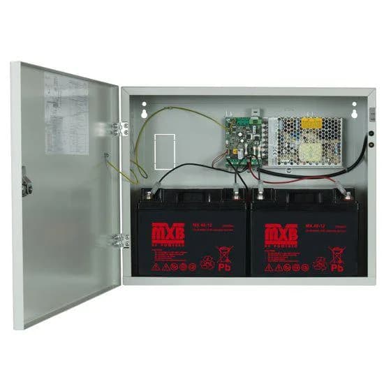 Sursa de alimentare pentru sisteme de detectie incendiu 24V/5.5A in cutie metalica Merawex ZSP100-5.5A-40, loc pentru 2 acumulatori 12V/40Ah, Tensiune de intrare: 100/230VAC, eficienta ridicata sub sarcina si consum redus, comunicare RS-232 / RS-485, rata scazuta de esec (0,5% in trei ani), iesiri