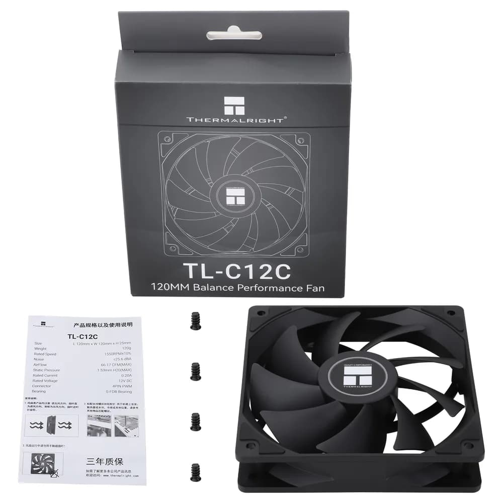 Ventilator Thermalright, 120mm, 1550 rpm, S-FDB Bearing, 66,17 cfm, fara LED, 4pin PWM, negru, "TL-C12C" — miniatură