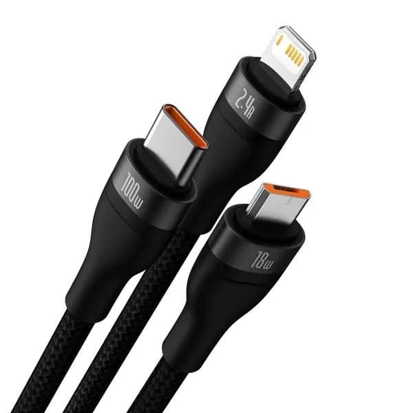 CABLU alimentare si date Baseus Flash, One-for-three Retractable, pt smartphone,USB la Micro-USB+Lightning + USB Type-C 100W, 1.2m, negru "CASS030001" - 6932172608712 — miniatură