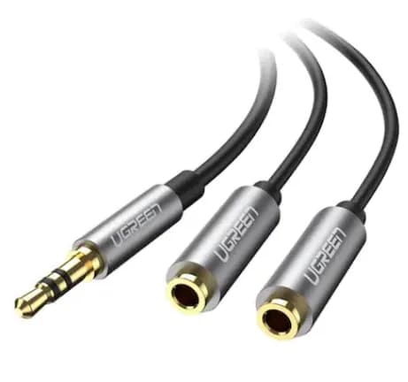 CABLU audio Ugreen, "AV123" stereo 3.5 mm jack (T) la 2 x 3.5 mm jack (M), 0.20 m, conectori auriti, negru 43502406 "10532" - 6957303815326 — miniatură