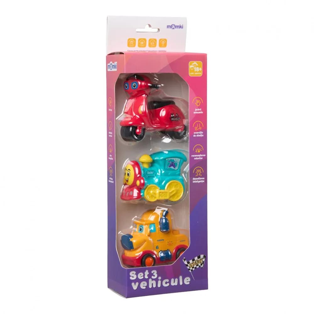 SET 3 VEHICULE ACTIONATE PRIN INERTIE- MASINUTA GALBENA, SCUTER ROSU, TREN ALBASTRU, MOMKI — miniatură