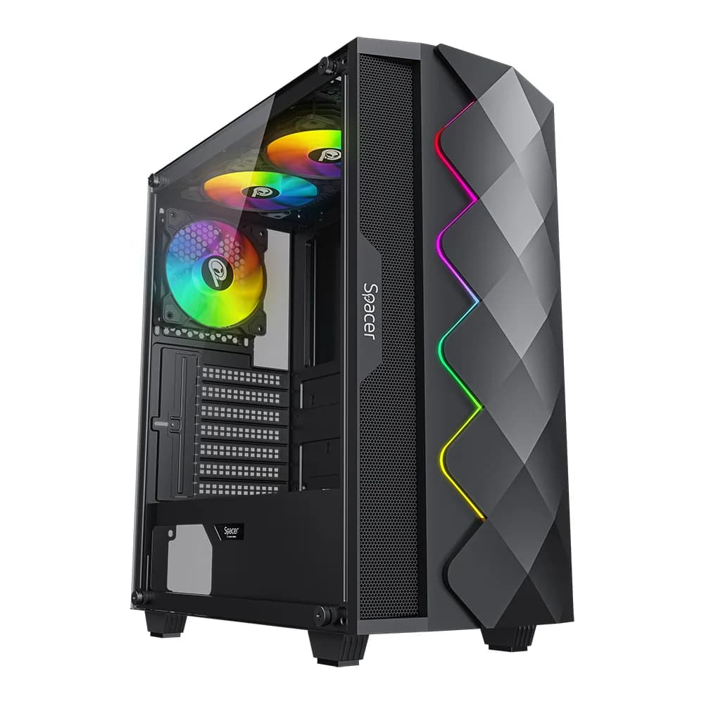 CARCASA SPACER - gaming, Middle Tower, ATX, "QUARTZ", fara sursa, sticla securizata, 3 x ARGB fan, banda LED ARGB, USB 2.0 x 1, USB 3.0 x 1, HD-Audio, mesh x 2, black "SPCS-GC-QUARTZ-3F"