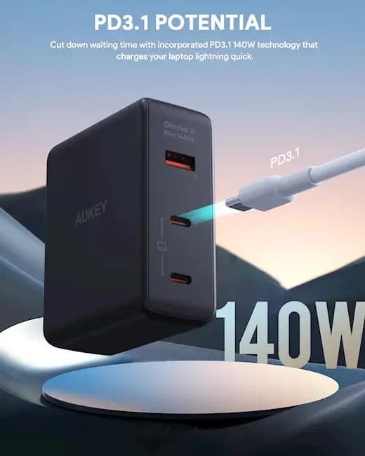 Alimentator retea Aukey, PA-B7O BK, 140W, fast charge, 2 x USB-C, 1 x USB-A, negru, "EU001-LLTSEUN1041556" - 689323785780 — miniatură