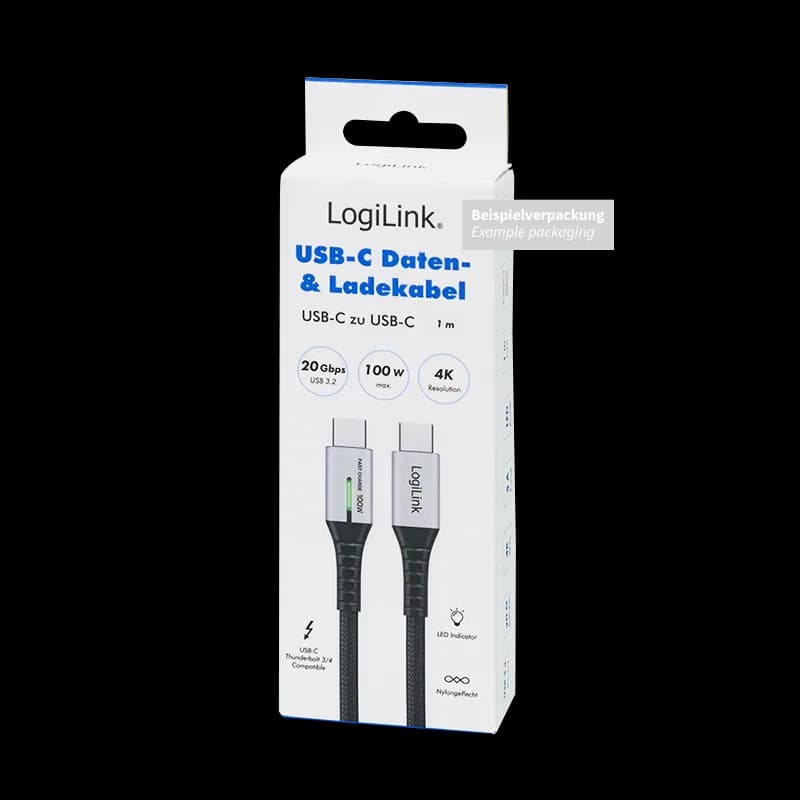 CABLU alimentare si date LOGILINK, pt. smartphone, USB 3.2, USB Gen Type-C (T) la USB Type-C (T), 1m, PD 100W, 4K, LED, 3 x ecranat, 20Gbps, metal, negru&gri, "CU0432" — miniatură