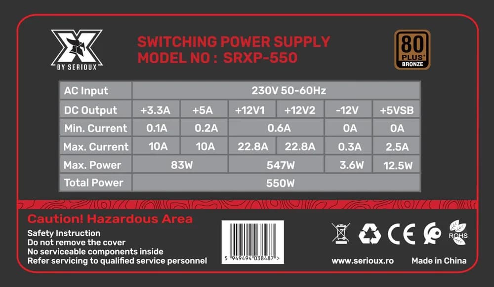 Sursa Serioux Energy 550W, 80+ Bronze, Ventilator 12cm, ATX, material metal, cabluri: 20+4-pin, 1x4+4-pin, 2x6+2-pin, negru — miniatură