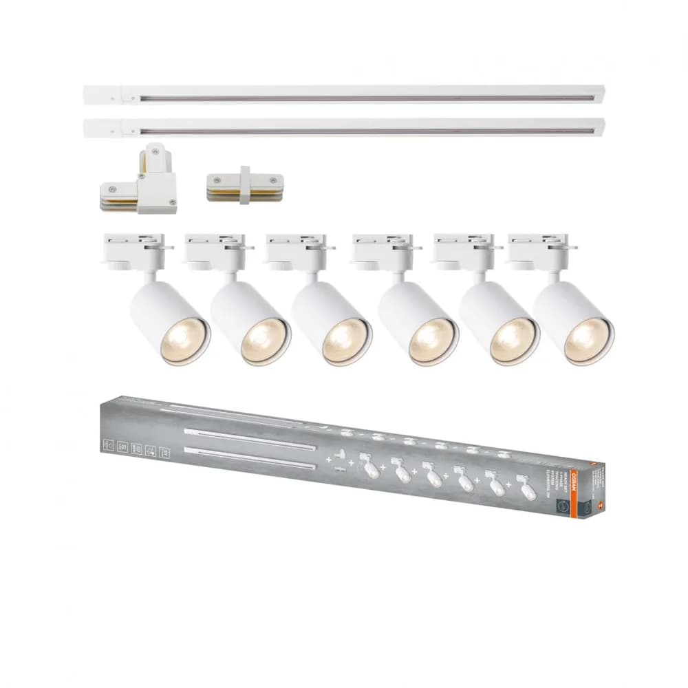 Sistem complet TRACKLIGHT OSRAM Elemental cu 6 proiectoare cu soclu GU10 si 2 sine monofazate de 1 metru, 1 conector liniar, 1 conector tip L, Alb