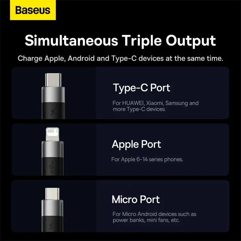 CABLU alimentare si date Baseus StarSpeed 1-for-3, pt. smartphone, USB la Micro-USB + Lightning Iphone + USB Type-C, 1.2m, negru "CAXS000001" - 6932172622268 — miniatură
