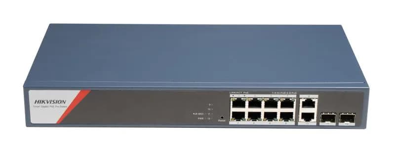 Switch PoE Hikvision DS-3E1512HP-SI-8P2T2F: 8 x 10/100/1000 Mbps PoE Ports, 2 × 10/100/1000 Mbps RJ45, 2 x 10/100/1000 Mbps SFP, 8 porturi PoE maxim 90W, buget PoE 130W, tensiune alimentare: 100-240V~ 50/60Hz 2.5A, dimensiuni: 335 mm × 44.5 mm × 175.8 mm, greutate: 2.7kg, montare pe birou sau in