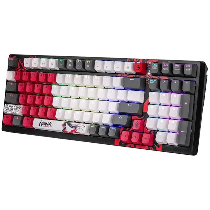 TASTATURA A4TECH - gaming, "Bloody co-branded Naraka", cu fir 1.8m, 106 taste, multimedia, iluminare, USB, negru, "S98" — miniatură