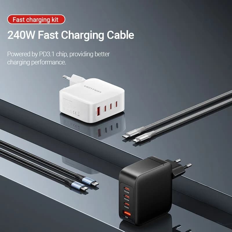 Alimentator retea Vention, 3 x USB-C (140W/140W/30W), 1 x USB-A (18W), GaN, PD, QC, Cablu USB-C 1.5m inclus, negru, "FEIB0-EU" — miniatură