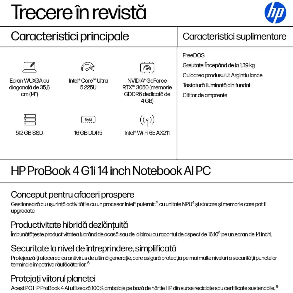 NB PB 4 G1I AI CU5-225H 14"/16/512GB DOS AD2M0ET HP "AD2M0ET" — miniatură