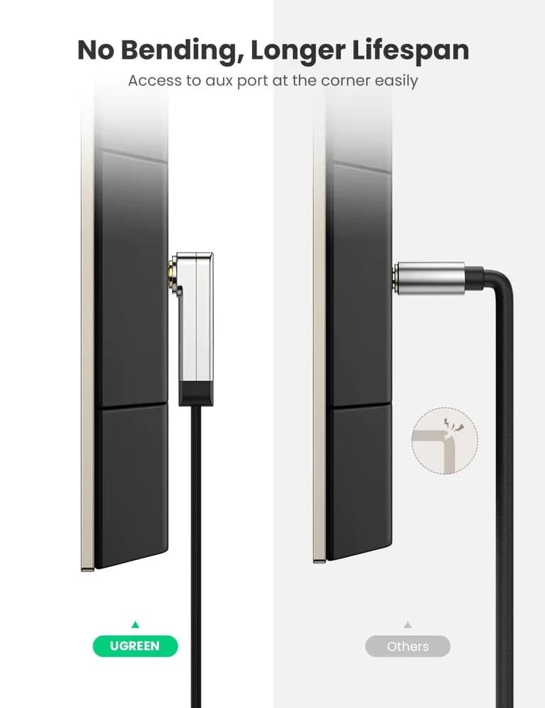 CABLU audio Ugreen, "AV119" stereo (3.5 mm jack T/T), conectori auriti, design slim, unghi 90 grade la un capat, 1m, negru "10597" - 6957303815975 — miniatură