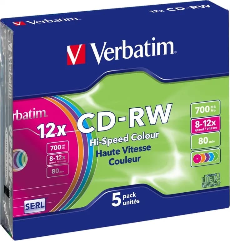 CD-RW VERBATIM 700MB, 80min, viteza 8-12x, 5 buc, carcasa, "Colour 12x" "43167/261910"