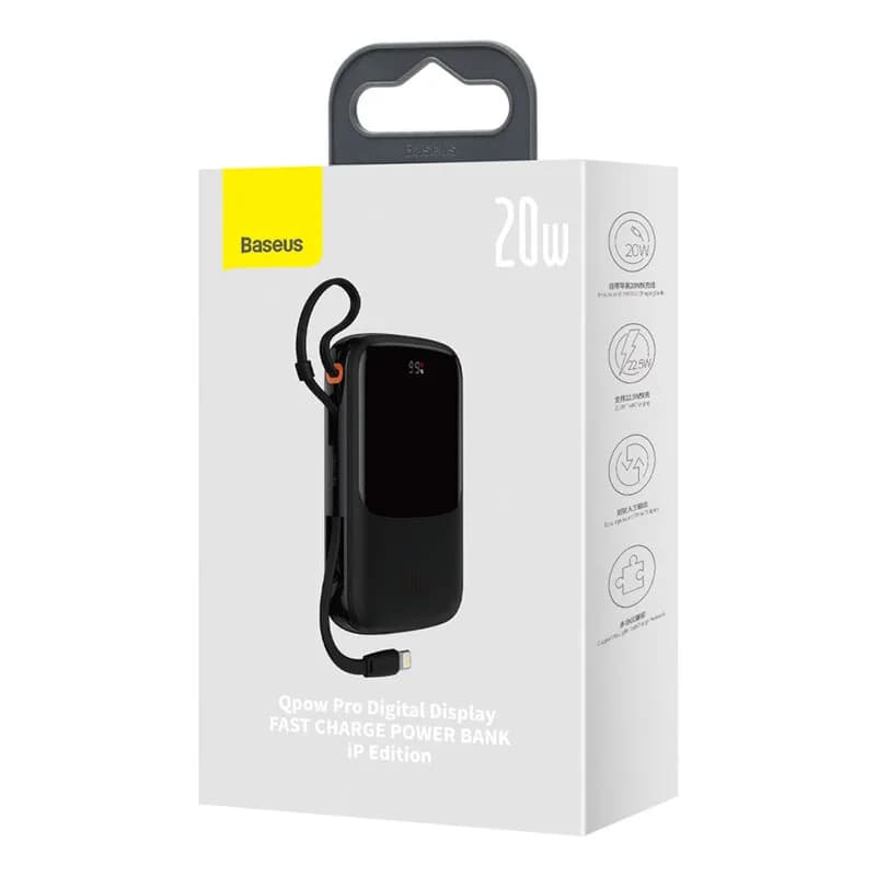 POWER BANK Baseus Qpow Pro Digital Display, 20000mAh, 20W, 1 x cablu integrat Iphone Lightning output, 1 x USB, 1 x USB Type-C, negru, "PPQD040001" - 6932172619671 — miniatură