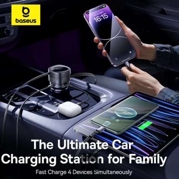 INCARCATOR auto Baseus Enjoyment Max, Quick Charge 90W, 1 x USB, cablu retractabil integrat 2 x USB Type-C, pt. bricheta auto, negru "C00035507121-03" - 6932172682606 — miniatură