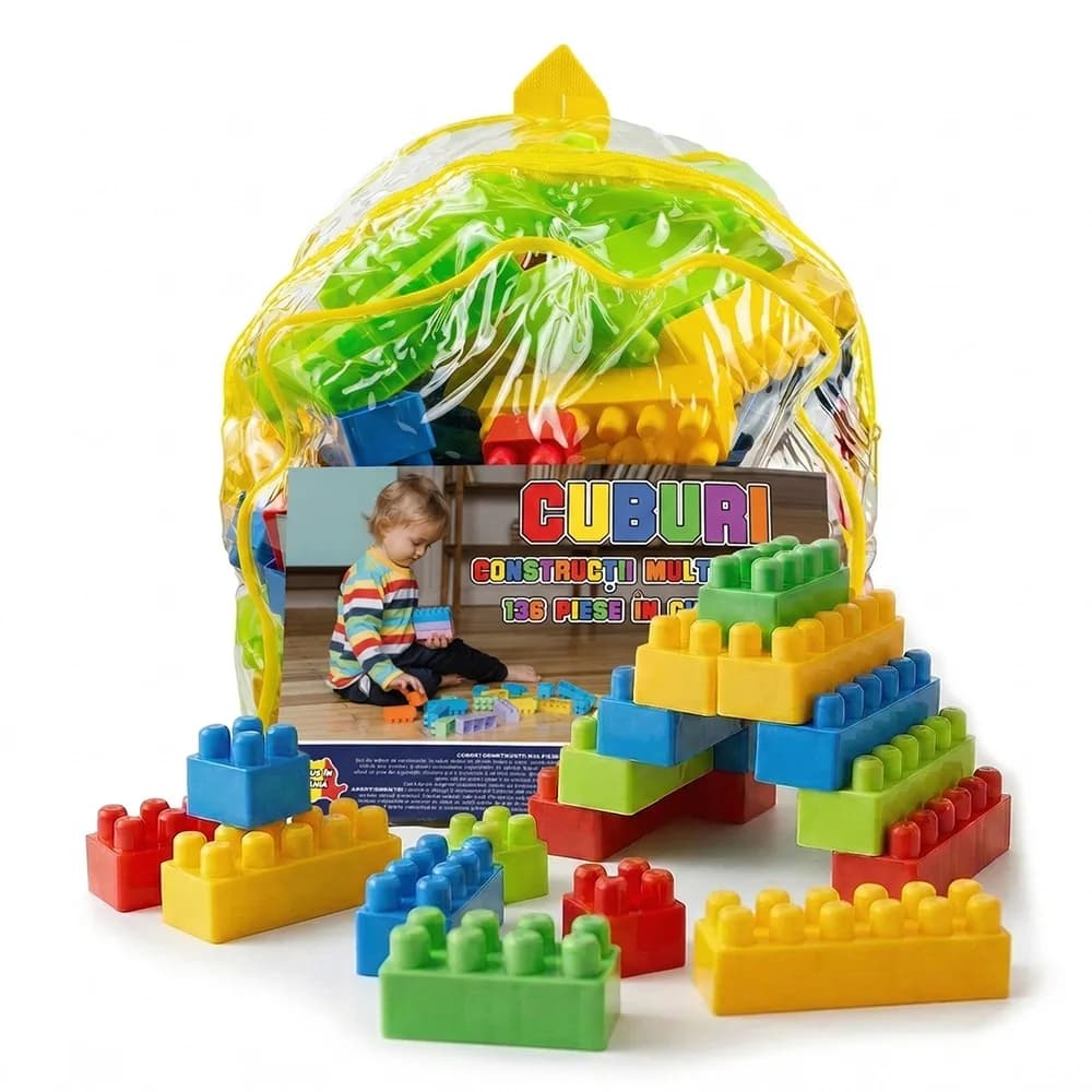 Cuburi constructii, multicolore, 136 piese/ghiozdan - ROBENTOYS