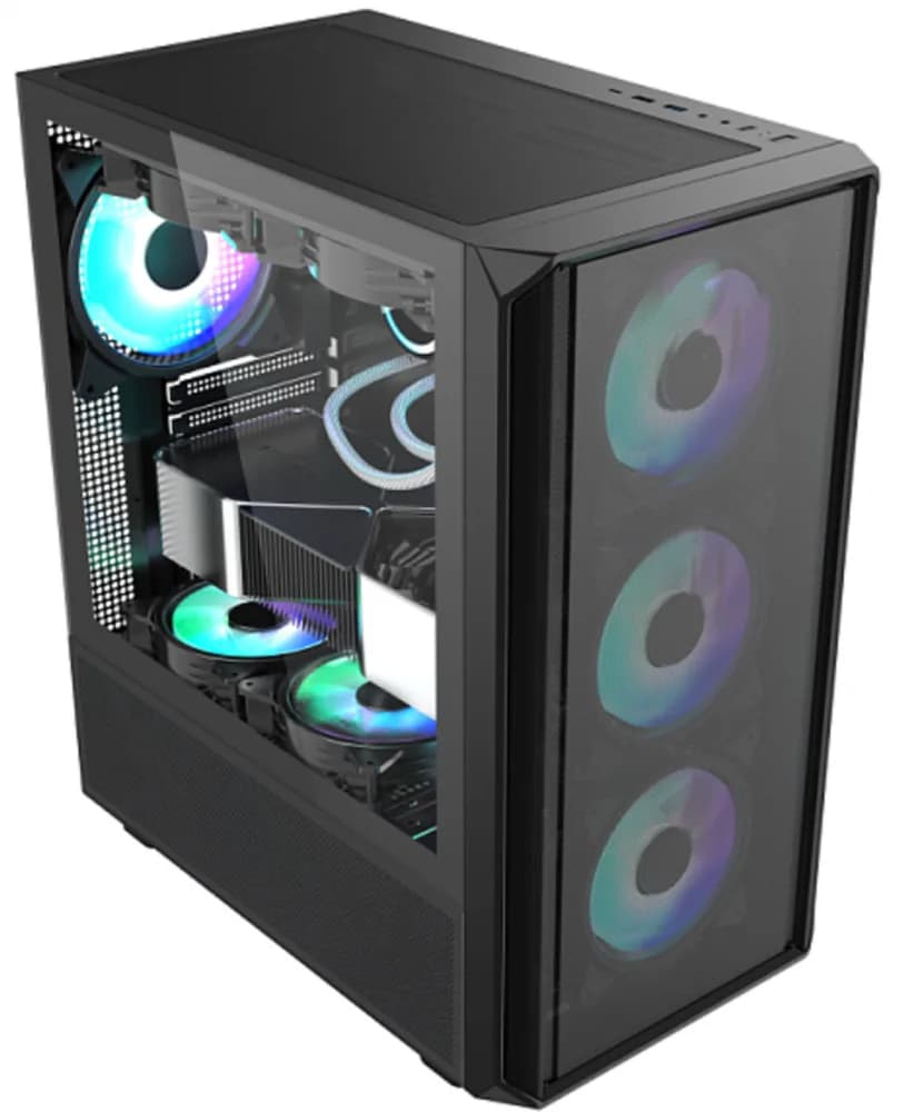 Carcasa gaming Serioux Vanguard, fara sursa, tip middle tower, capac superior cu filtru magnetic de praf, panoul lateral: sticla securizata, sasiu: SPCC 0.5T, USB2.0x2+HD Audio, USB 3.0 x1, porturi rezervate pentru ventilator:, față: 3 x ventilatoare fix de 120mm(incluse)ARGB, suportă cooler pe — miniatură