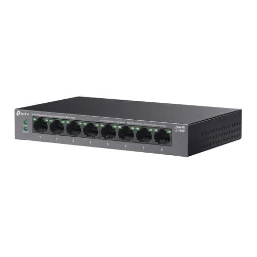 TP-LINK 5-PORT GIGABIT SWITCH LS108GP, interfata 8× 10/100/1000Mbps RJ45 Ports (Ports 1–8 supports 802.3af/at PoE+), AUTO Negotiation, AUTO MDI/MDIX, porturi Standard: 802.3 af/at compliant, PoE Ports: Ports 1–8, pana la 30 W PoE output per port, PoE Budget: 62 W, dimensiuni 6.2× 3.9×1.0 in — miniatură