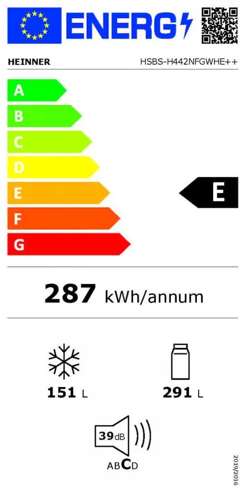 Side by Side HEINNER HSBS-H442NFGWHE++, No Frost, 442 L, Clasa E, Sticla alba — miniatură
