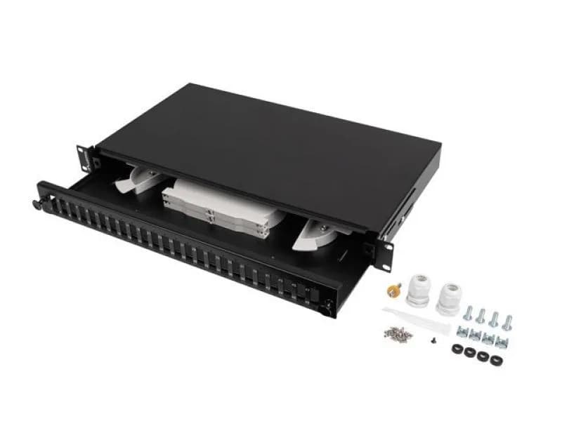 Patch panel fibră rack 19" 1U 24x SC duplex / 24x LC quad, negru + accesorii