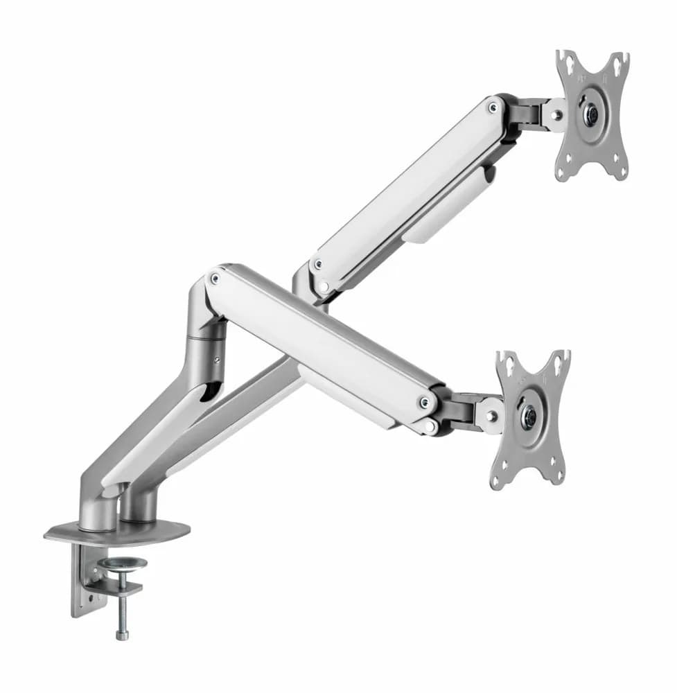 Suport 2 monitoare Serioux MM63-C024, arc cu gaz, compatibilitate dimensiune ecran 17"-32", greutate maximă suportata: (per ecran): 2~ 9kg, VESA: 75x75, 100x100, inclinare: +55°~-55°, pivotare: +90°~-90°, rotația ecranului: +180°~-180°