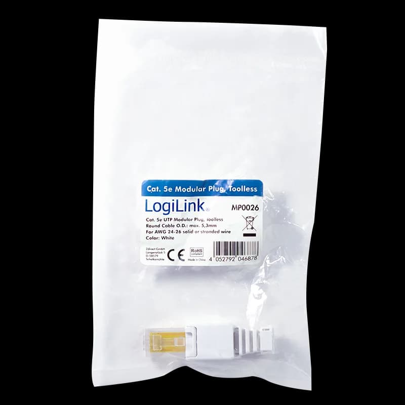 MUFA RJ-45 LOGILINK pt. cablu UTP, Cat5e, RJ-45 (T), manson, pentru cablu solid/litat AWG24-26, cablu 5.3mm, tool-free,1 buc, "MP0026" — miniatură