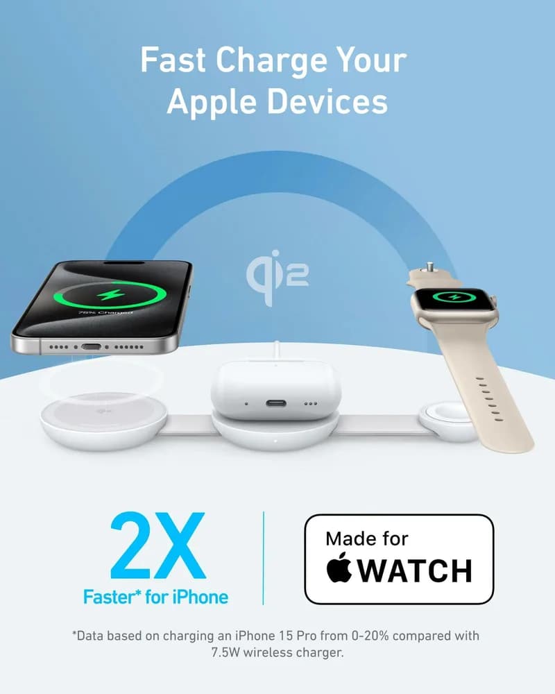 Stand cu incarcare wireless 3 in 1 Anker, MagGo 3-in-1, 15W, portabil, pliabil, fast charge, pentru iPhone seriile 12-16, Apple Watch, AirPods, 1 x USB-C incarcare, alb, "B25M8H21" - 0194644205928 — miniatură
