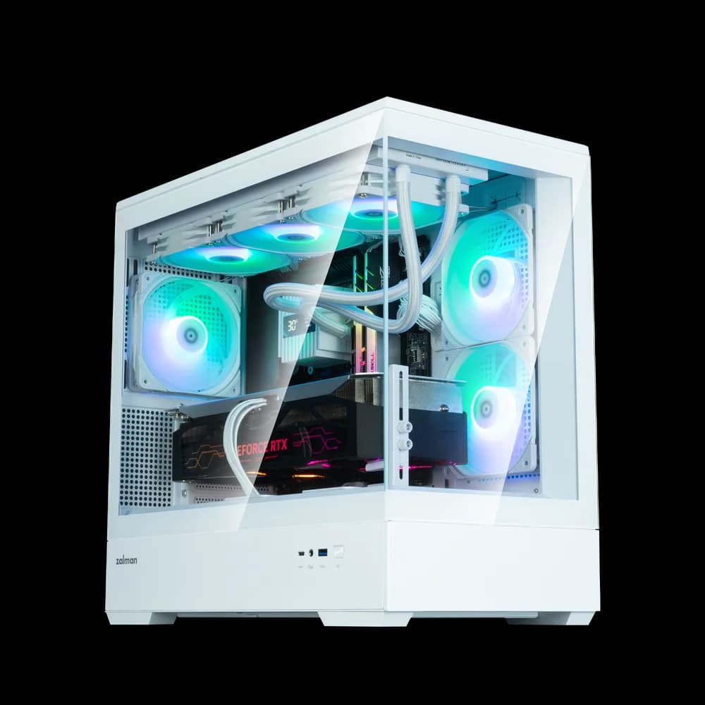 CARCASA Zalman "P30 v2", mini tower, gaming, fara sursa, suporta 9xfan, 3xfan inclus, PSU shroud, USB Type-C x 1, USB 3.1 gen1 x 1, audio+mic, 5 sloturi expansiune, alb, "P30 White V2" — miniatură