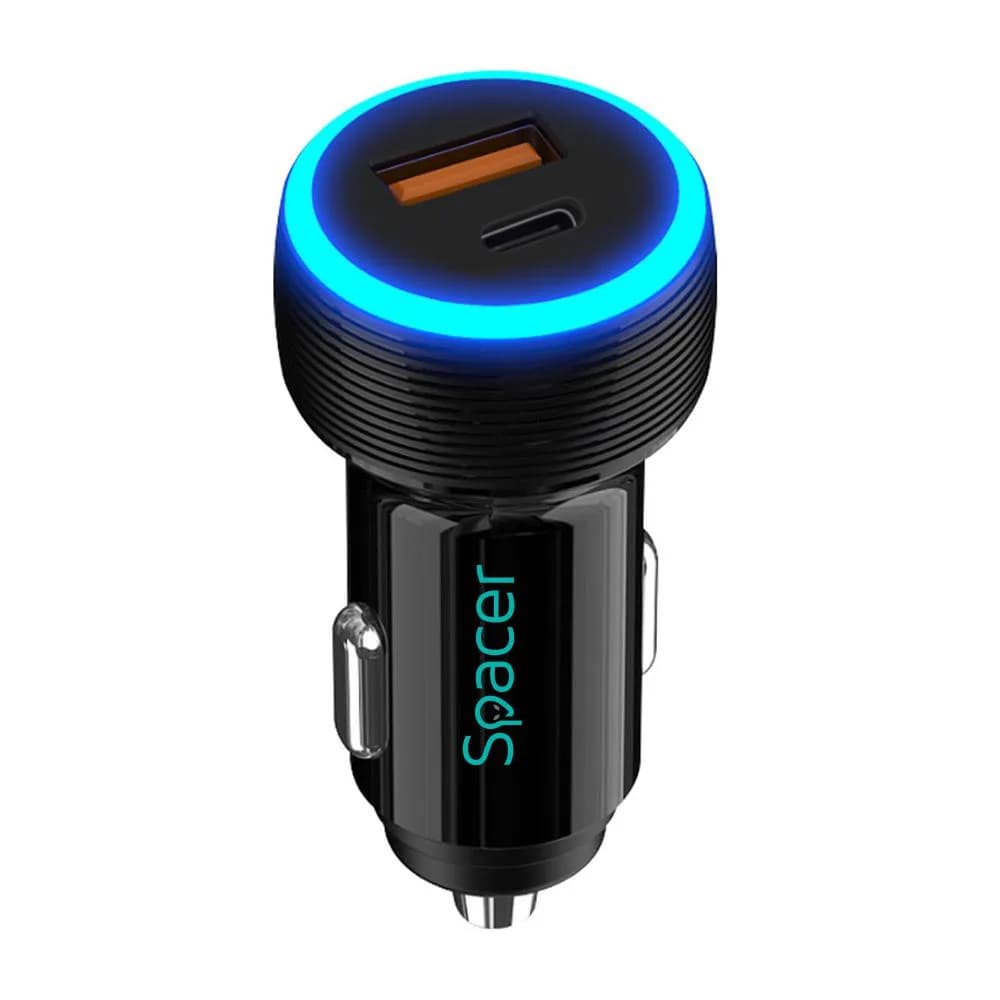 Alim. auto Spacer USB-A&C 17W negru — miniatură