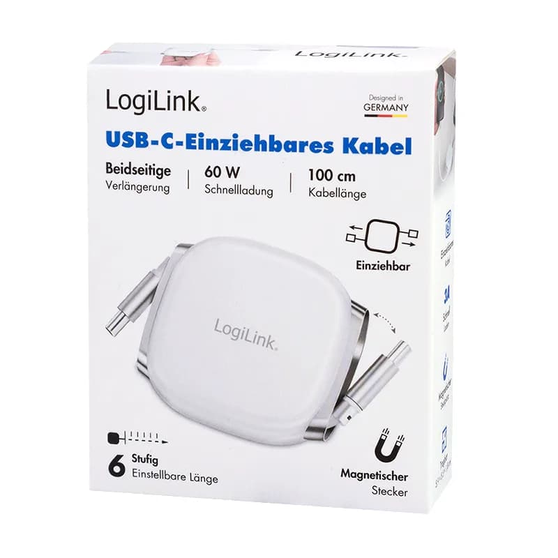 CABLU alimentare si date LOGILINK, pt. smartphone, USB 2.0, USB Type-C (T) la USB Type-C (T), 1m, PD 60W, 480Mbps, retractabil, ecranat, plastic, white, "CU0501" — miniatură