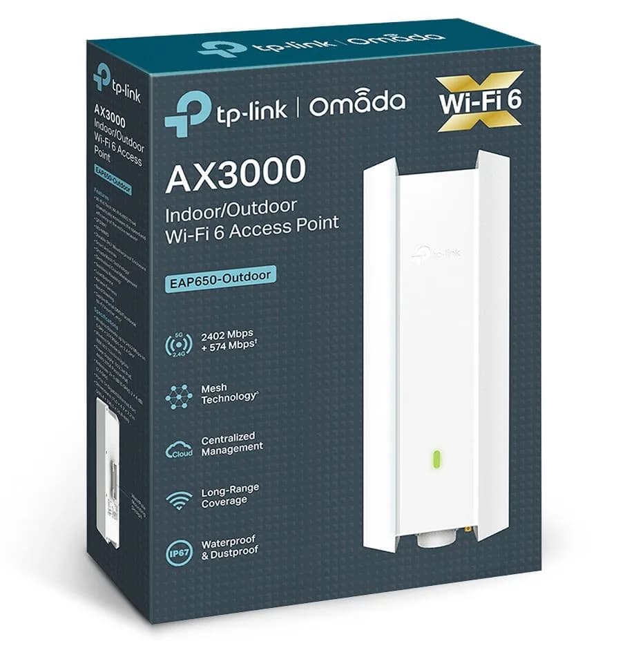 ACCESS POINT TP-LINK wireless AX3000 Mbps dual band WiFi 6, 1 x 10/100/1000 Mbps Ethernet Ports (1xPoE OUT)2 antene interne, IEEE802.3af/at PoE, de perete "EAP650-Outdoor" — miniatură
