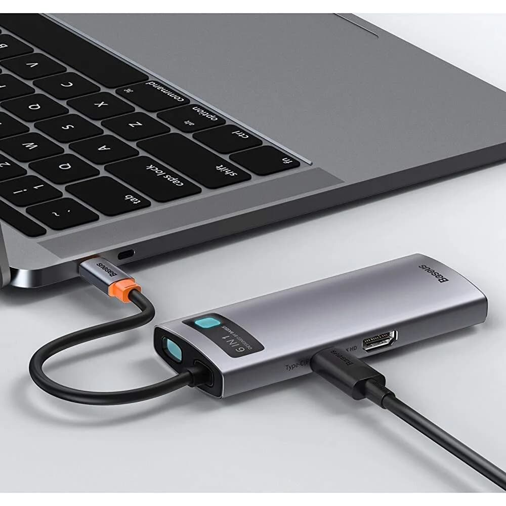 DOCKING Station Baseus Metal Gleam,conec PC USB-C, USB 3.0x3, RJ-45 Gigabit LANx1, USB-Cx1 PD 100W 5V/9V/14.5V/20V 5A (Max.), HDMIx1/4K/30Hz,gri "CAHUB-CW0G" - 6953156204645 — miniatură