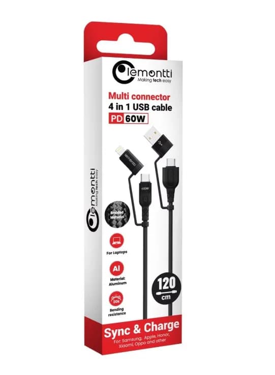 Cablu Audio Lemontti USB A&C-USB-C, material: Aliaj aluminiu, Nailon impletit, lungime 1,2m, - iesire USB-A la USB-C: 5V/2A Max 10W, iesire USB-A la Lightning: 5V/2.4A, iesire USB-C la Lightning: 5V/3A 9V/2A 12V/1.5A 15V/2A 30W Max, iesire USB-C la USB-C: 20V/3A 60W MAX", incarcare si transfer — miniatură