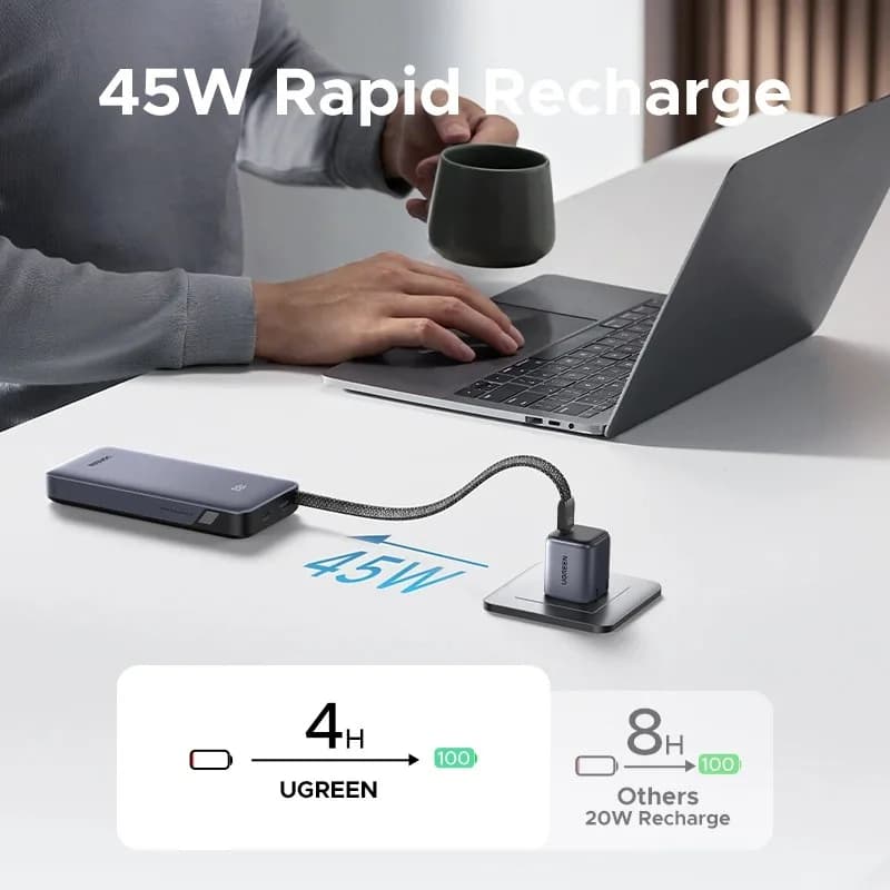 POWER BANK Ugreen "PB536", 20000mAh, 45W PD3.0, 1 x USB, 1 x USB Type-C, 1 x USB Type-C cablu integrat, display, gri, "55988B" — miniatură