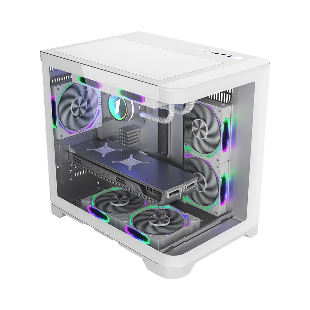 Carcasa 1stPlayer gaming UV5-wh-Hub, 5 ventilatoare aRGB infinity efect plus PWM, telecomanda, Micro-ATX, alb — miniatură