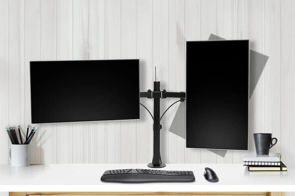 SUPORT de birou KENSINGTON, pt 2 TV/monitor plat, diag. max 32 inch, rotatie, inclinare, pivotare, orizontala, verticala, totala, max 8 Kg, "K55409WW" — miniatură